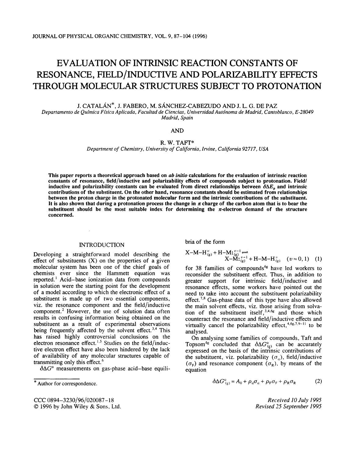 Evaluation of intrinsic reaction constants of resonance, fieldinductive and polarizability effects through molecular structures subject to protonation by Unknown