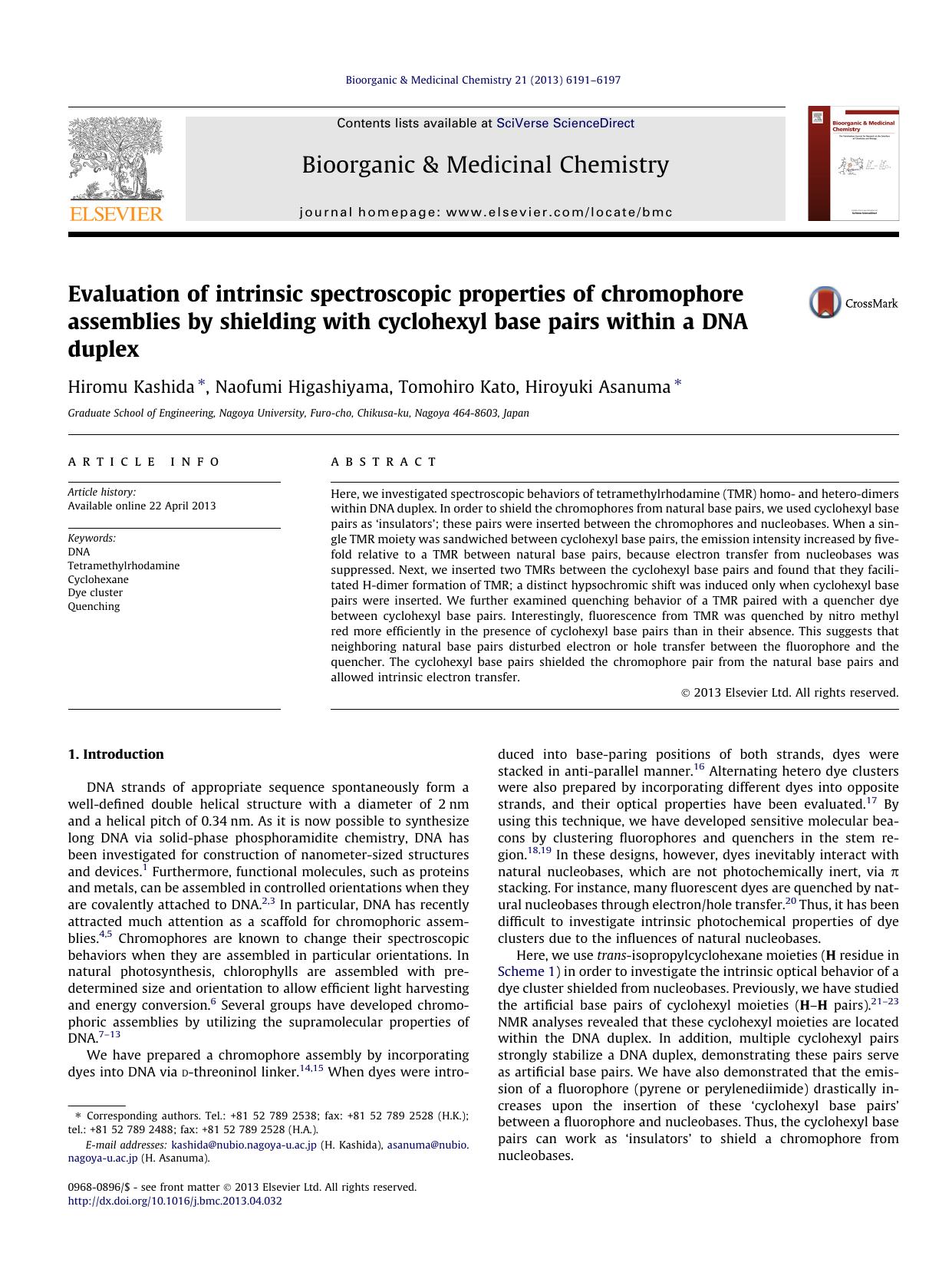 Evaluation of intrinsic spectroscopic properties of chromophore assemblies by shielding with cyclohexyl base pairs within a DNA duplex by Hiromu Kashida & Naofumi Higashiyama & Tomohiro Kato & Hiroyuki Asanuma