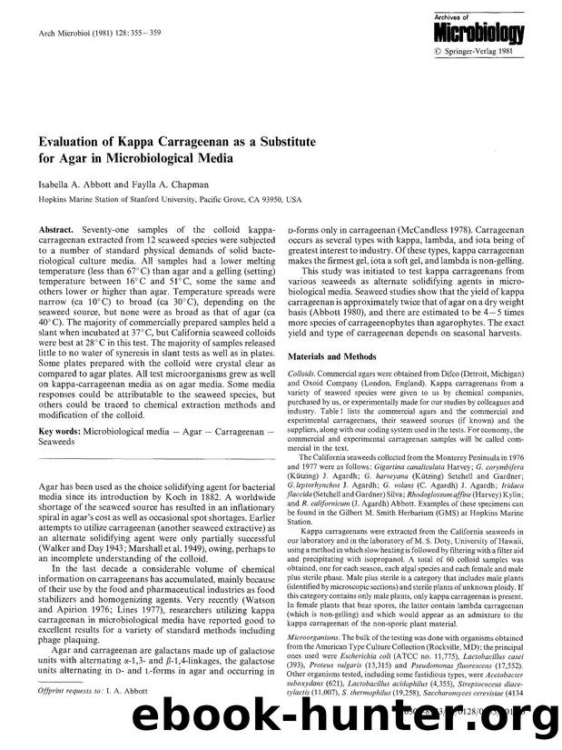 Evaluation of kappa carrageenan as a substitute for agar in microbiological media by Unknown