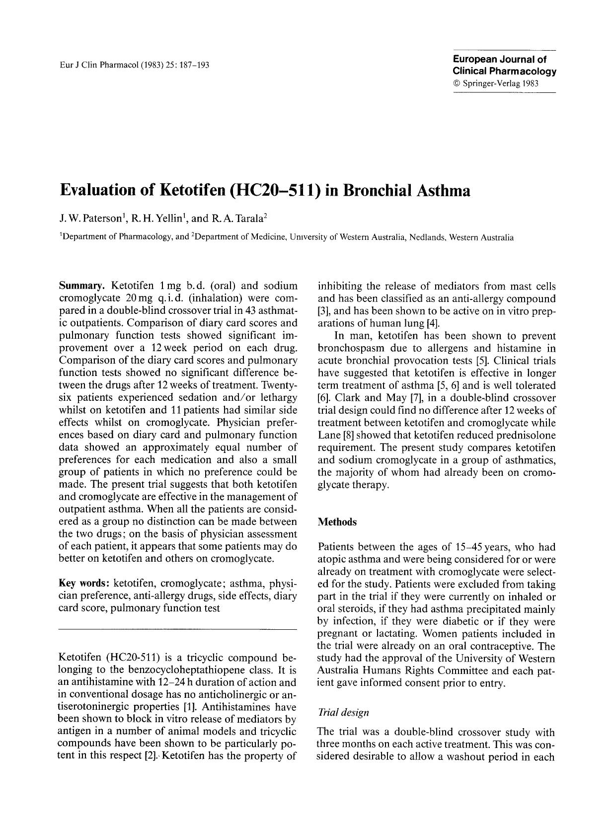 Evaluation of ketotifen (HC20-511) in bronchial asthma by Unknown