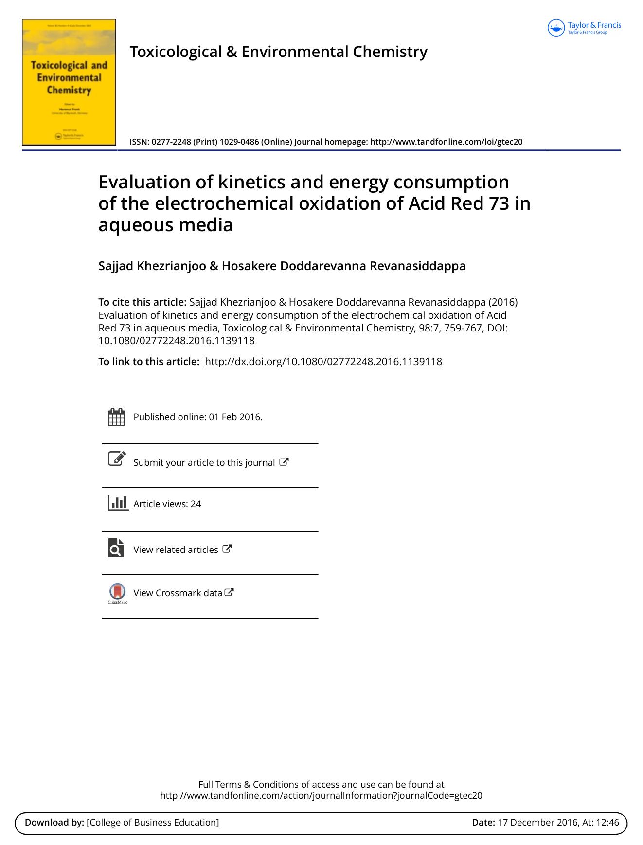 Evaluation of kinetics and energy consumption of the electrochemical oxidation of Acid Red 73 in aqueous media by Sajjad Khezrianjoo & Hosakere Doddarevanna Revanasiddappa