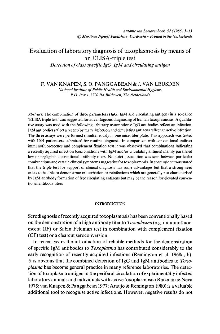 Evaluation of laboratory diagnosis of taxoplasmosis by means of an ELISA-triple test by Unknown