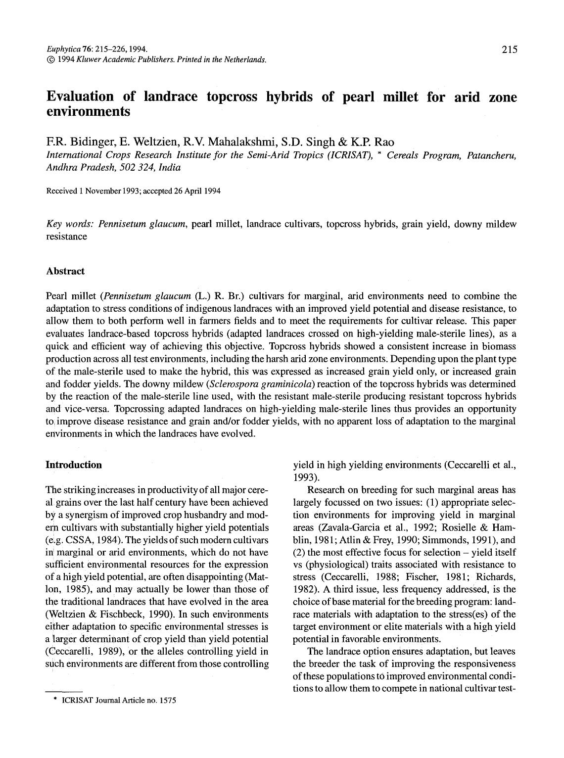 Evaluation of landrace topcross hybrids of pearl millet for arid zone environments by Unknown