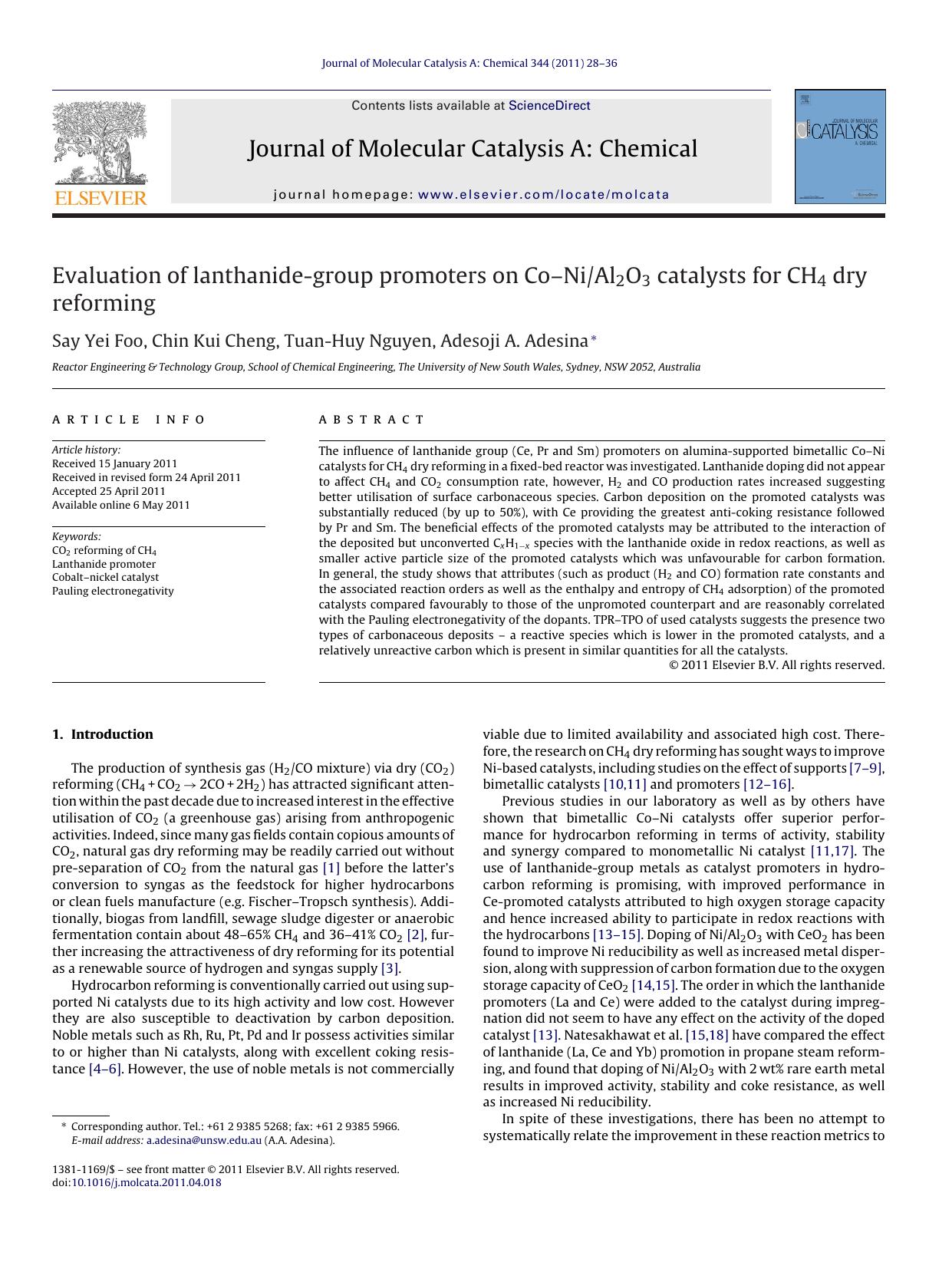 Evaluation of lanthanide-group promoters on CoÃ¢â¬âNiAl2O3 catalysts for CH4 dry reforming by Say Yei Foo