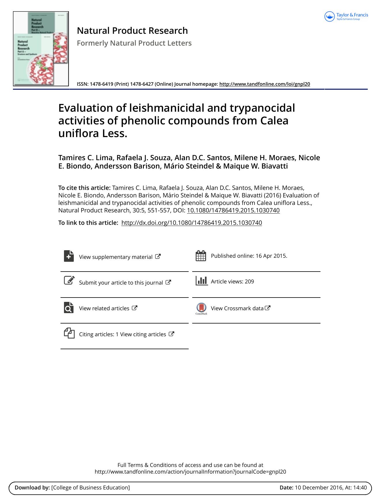 Evaluation of leishmanicidal and trypanocidal activities of phenolic compounds from Calea uniflora Less. by unknow