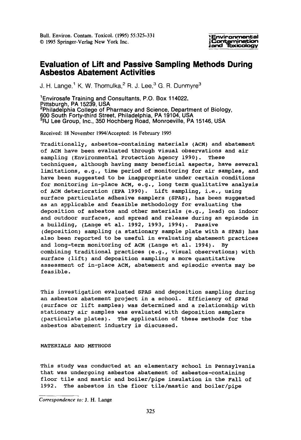 Evaluation of lift and passive sampling methods during asbestos abatement activities by Unknown