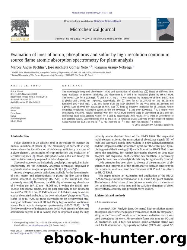 Evaluation of lines of boron, phosphorus and sulfur by high-resolution continuum source flame atomic absorption spectrometry for plant analysis by Marcos André Bechlin & José Anchieta Gomes Neto & Joaquim Araújo Nóbrega