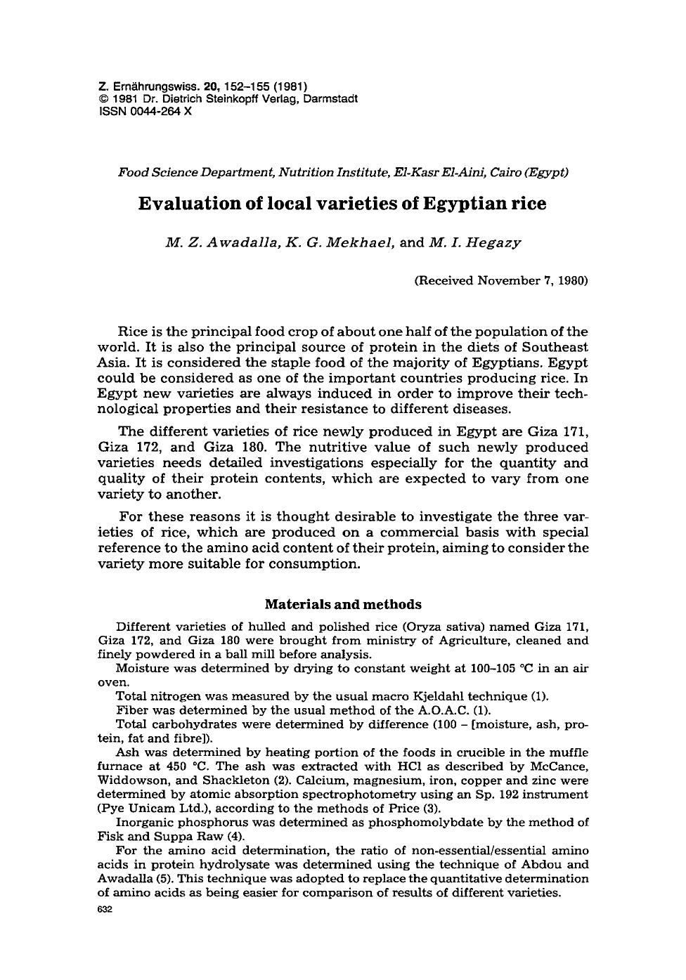 Evaluation of local varieties of Egyptian rice by Unknown