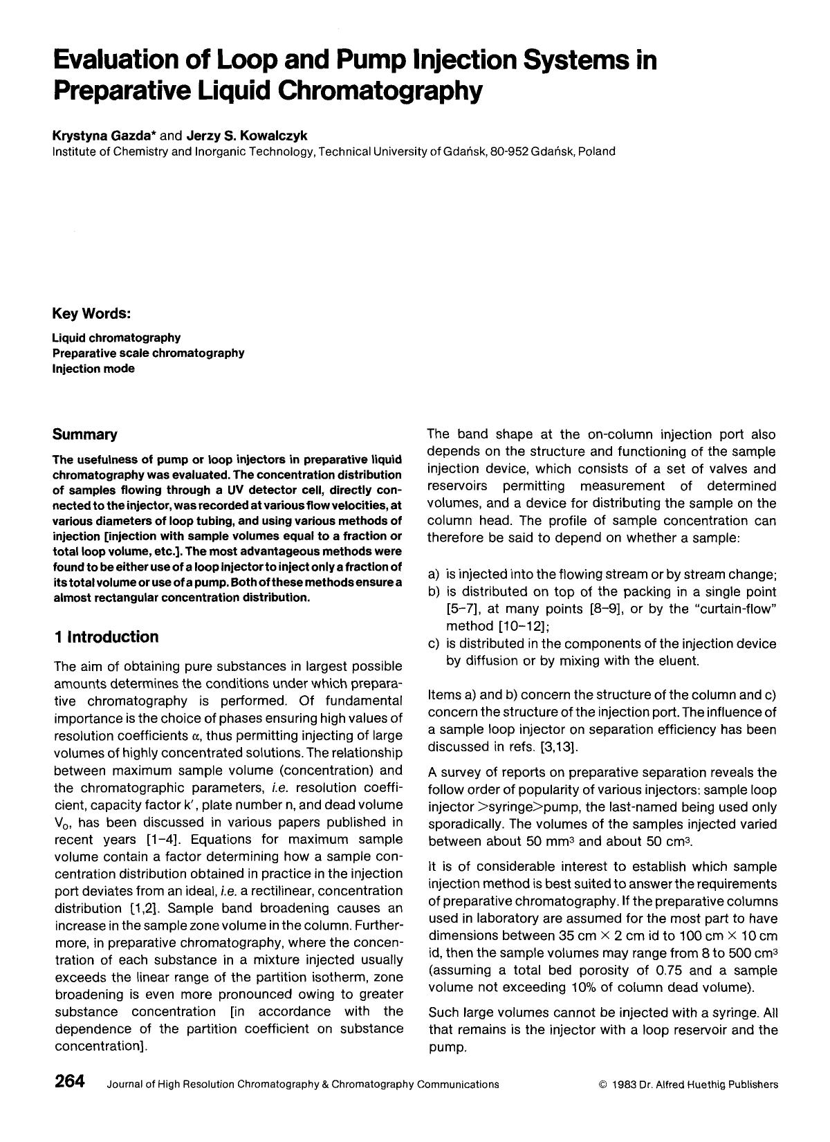 Evaluation of loop and pump injection systems in preparative liquid chromatography by Unknown