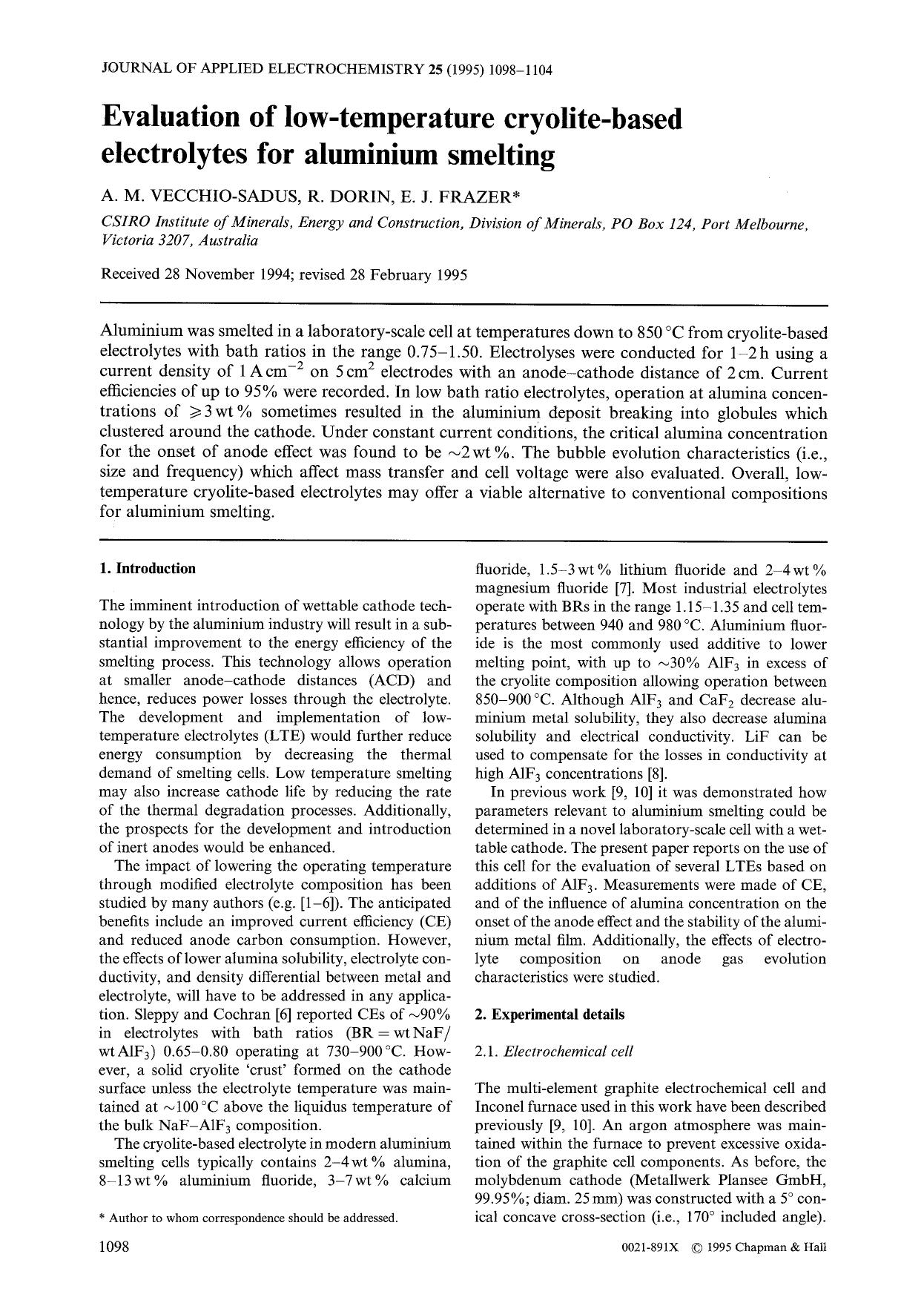 Evaluation of low-temperature cryolite-based electrolytes for aluminium smelting by Unknown