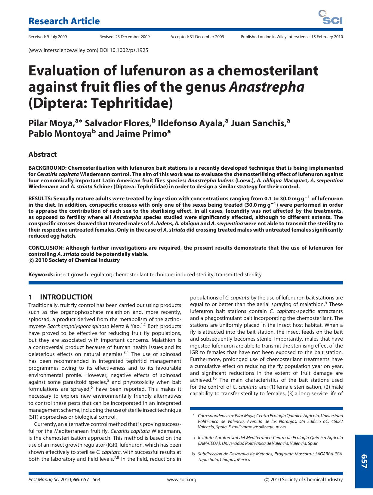Evaluation of lufenuron as a chemosterilant against fruit flies of the genus Anastrepha (Diptera: Tephritidae) by Unknown