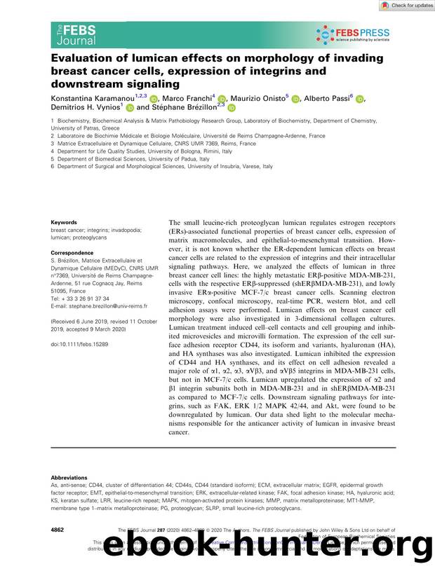 Evaluation of lumican effects on morphology of invading breast cancer cells, expression of integrins and downstream signaling by Unknown