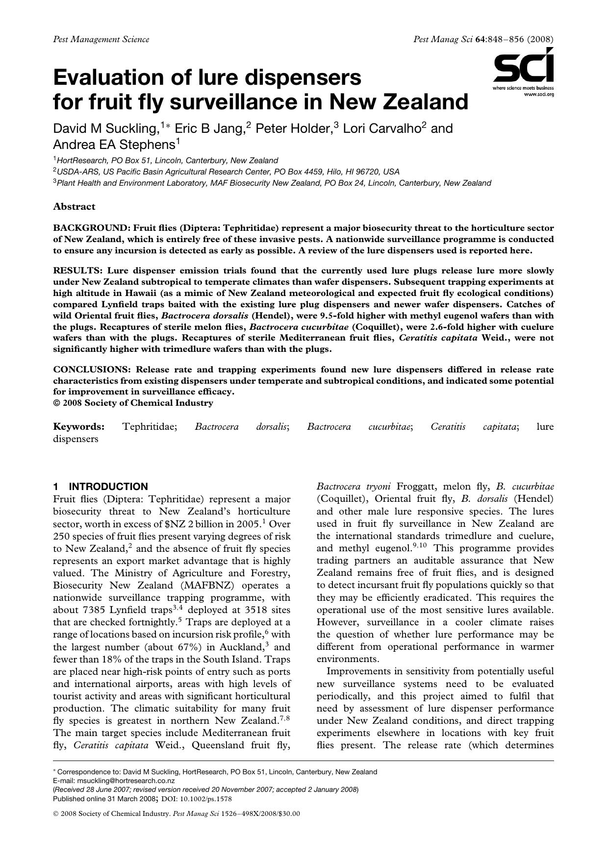 Evaluation of lure dispensers for fruit fly surveillance in New Zealand by Unknown