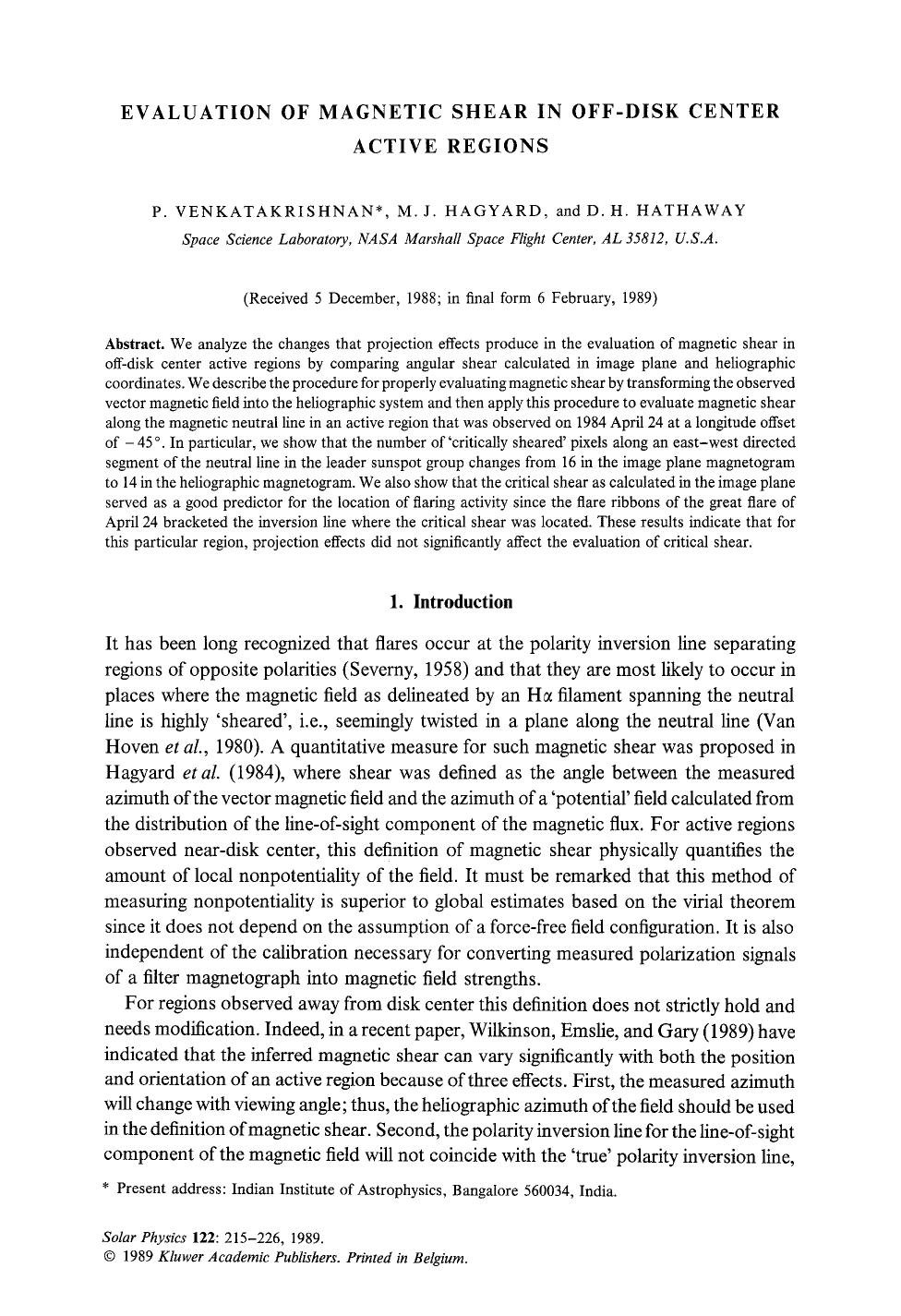 Evaluation of magnetic shear in off-disk center active regions by Unknown