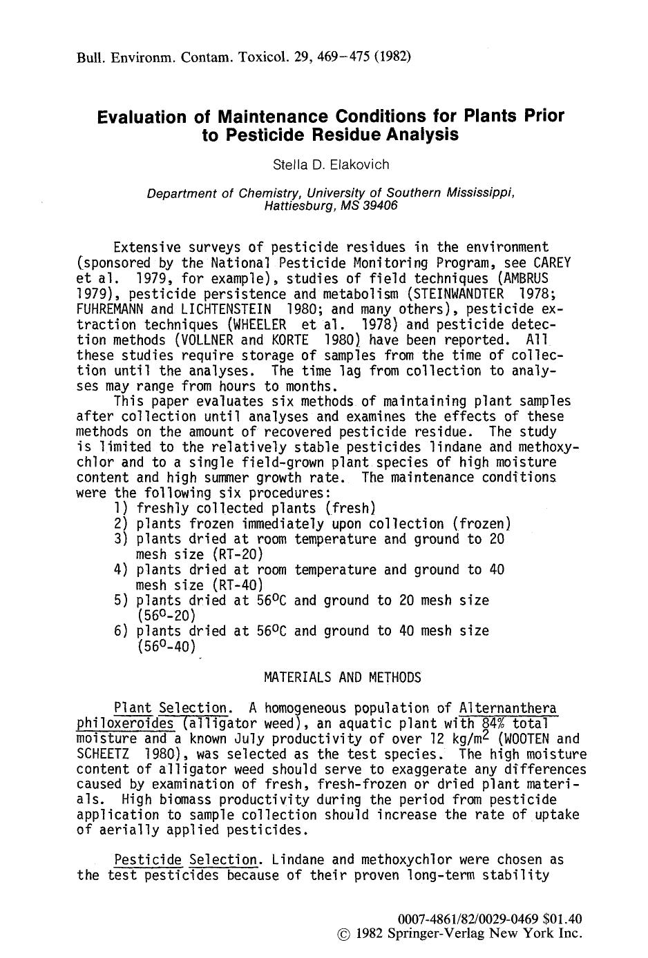 Evaluation of maintenance conditions for plants prior to pesticide residue analysis by Unknown