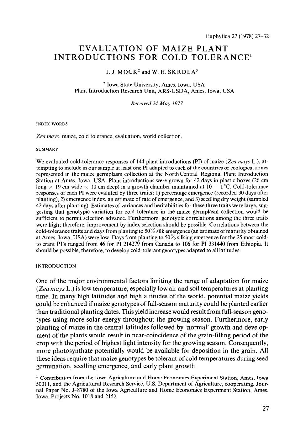 Evaluation of maize plant introductions for cold tolerance by Unknown