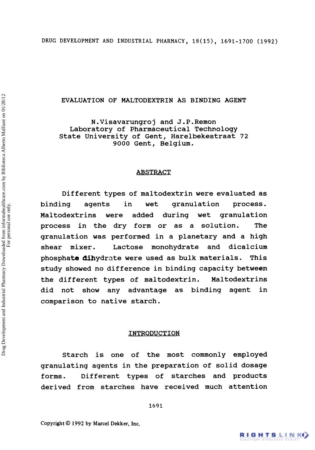 Evaluation of maltodextrin as binding agent by N. Visavarungroj & J. P. Remon