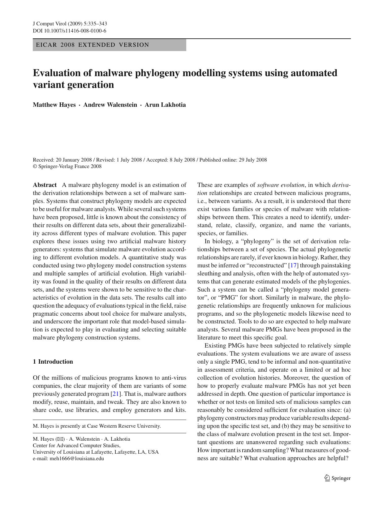 Evaluation of malware phylogeny modelling systems using automated variant generation by Unknown