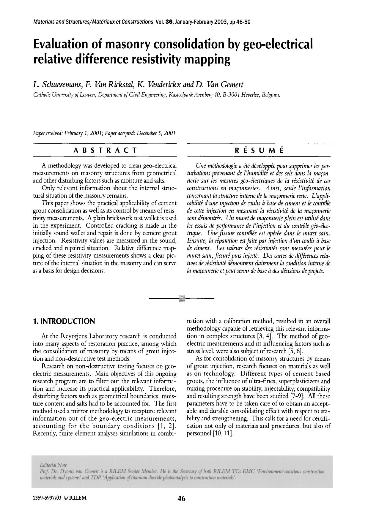 Evaluation of masonry consolidation by geo-electrical relative difference resistivity mapping by Unknown