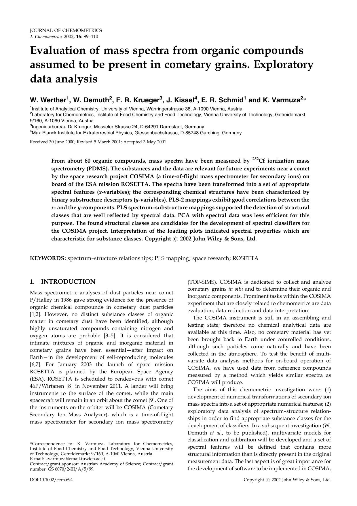 Evaluation of mass spectra from organic compounds assumed to be present in cometary grains. Exploratory data analysis by Unknown