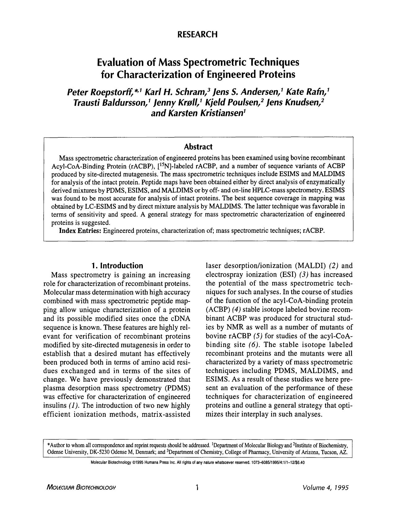 Evaluation of mass spectrometric techniques for charaterization of engineered proteins by Unknown
