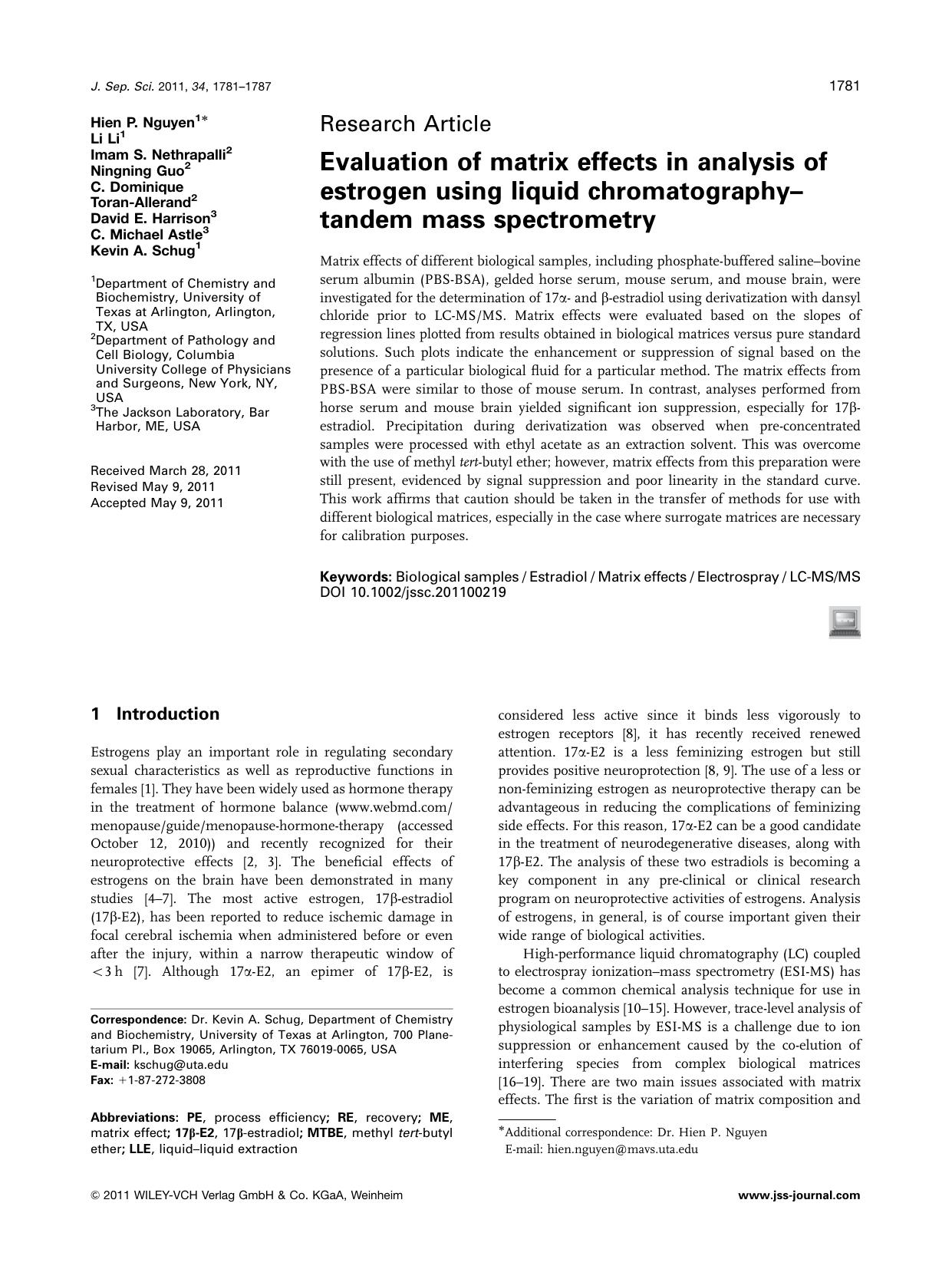 Evaluation of matrix effects in analysis of estrogen using liquid chromatographytandem mass spectrometry by Unknown