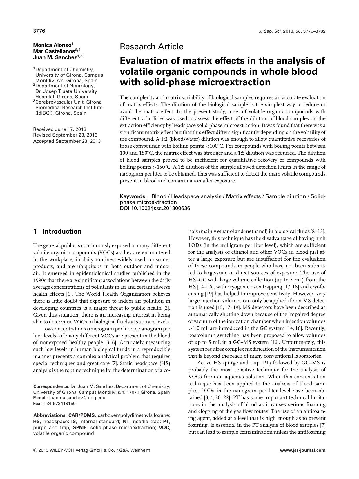 Evaluation of matrix effects in the analysis of volatile organic compounds in whole blood with solid&#x02010;phase microextraction by Unknown