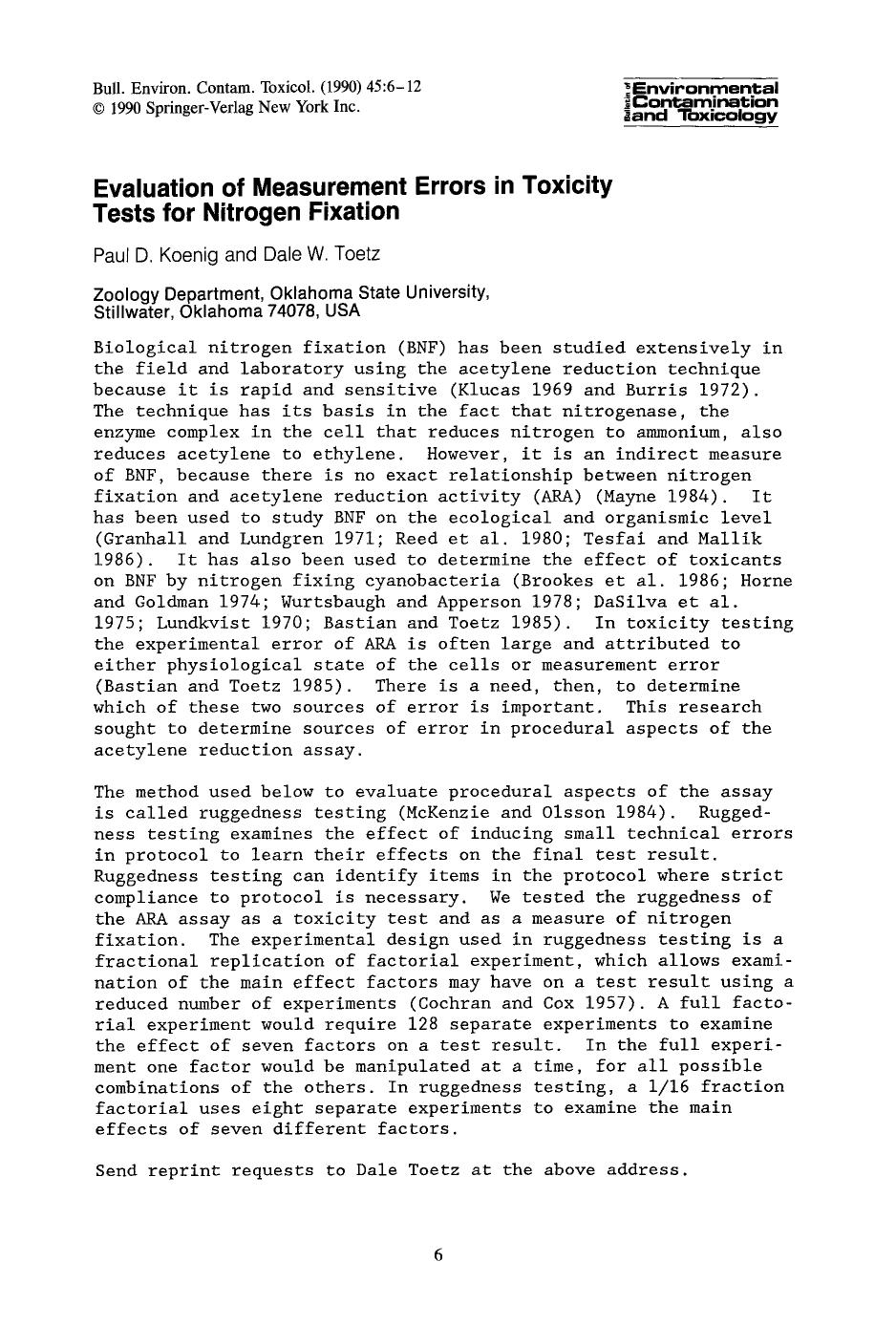 Evaluation of measurement errors in toxicity tests for nitrogen fixation by Unknown