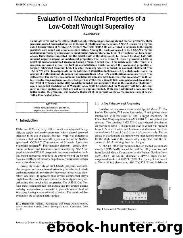 Evaluation of mechanical properties of a low-cobalt wrought superalloy by Unknown