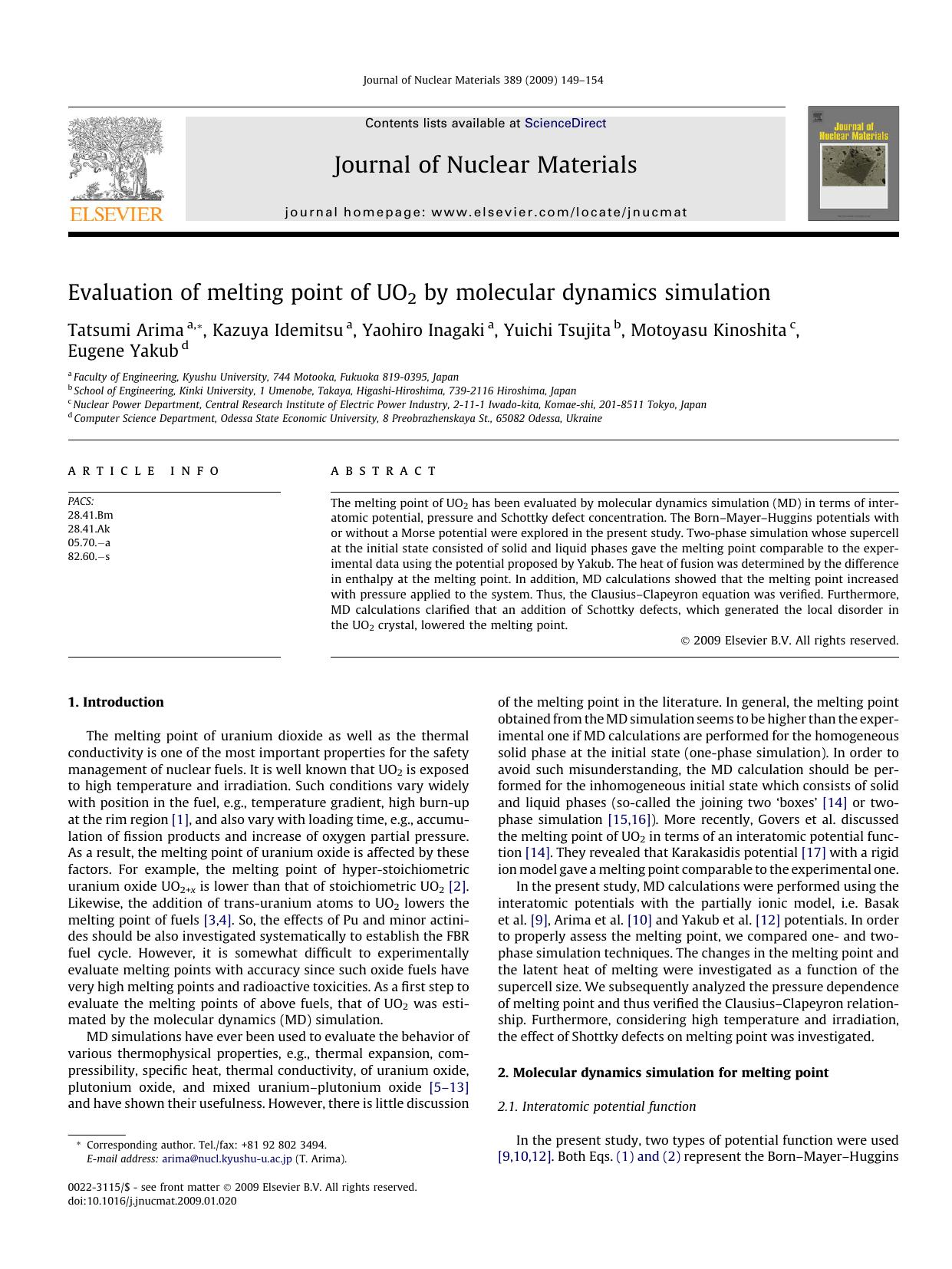 Evaluation of melting point of UO2 by molecular dynamics simulation by Tatsumi Arima; Kazuya Idemitsu; Yaohiro Inagaki; Yuichi Tsujita; Motoyasu Kinoshita; Eugene Yakub