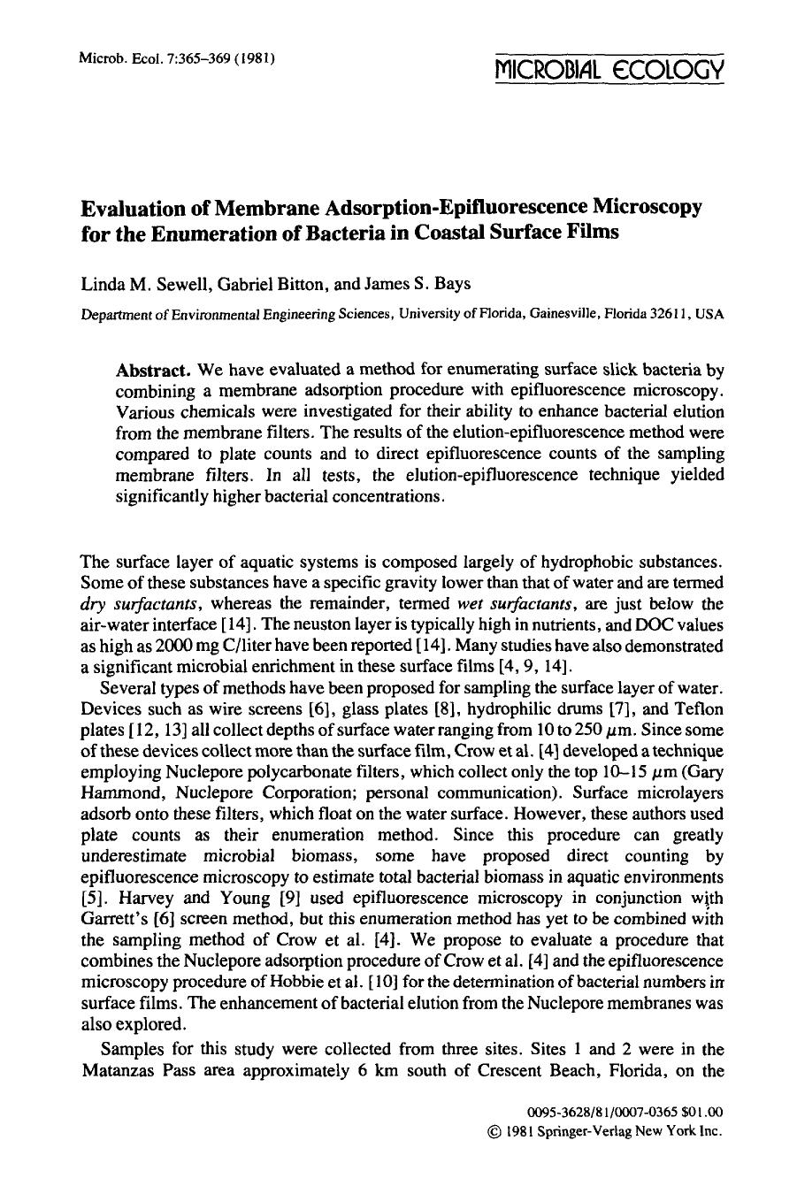 Evaluation of membrane adsorption-epifluorescence microscopy for the enumeration of bacteria in coastal surface films by Unknown