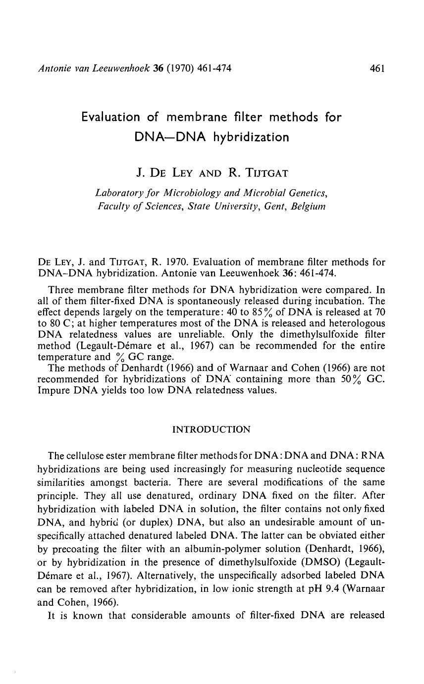 Evaluation of membrane filter methods for DNA-DNA hybridization by Unknown