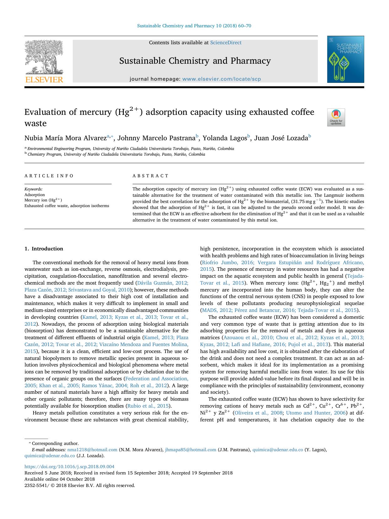 Evaluation of mercury (Hg2+) adsorption capacity using exhausted coffee waste by Nubia María Mora Alvarez