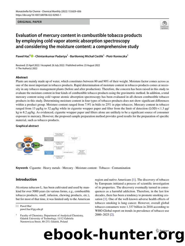 Evaluation of mercury content in combustible tobacco products by employing cold vapor atomic absorption spectroscopy and considering the moisture content: a comprehensive study by Paweł Hać & Chintankumar Padariya & Bartłomiej Michał Cieślik & Piotr Konieczka