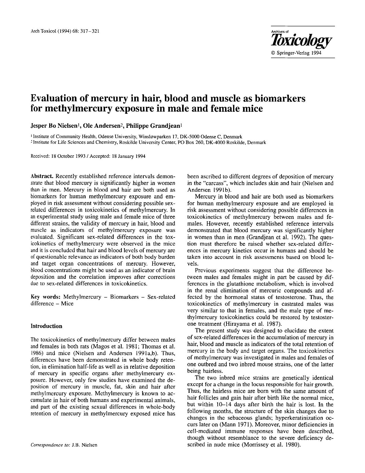 Evaluation of mercury in hair, blood and muscle as biomarkers for methylmercury exposure in male and female mice by Unknown