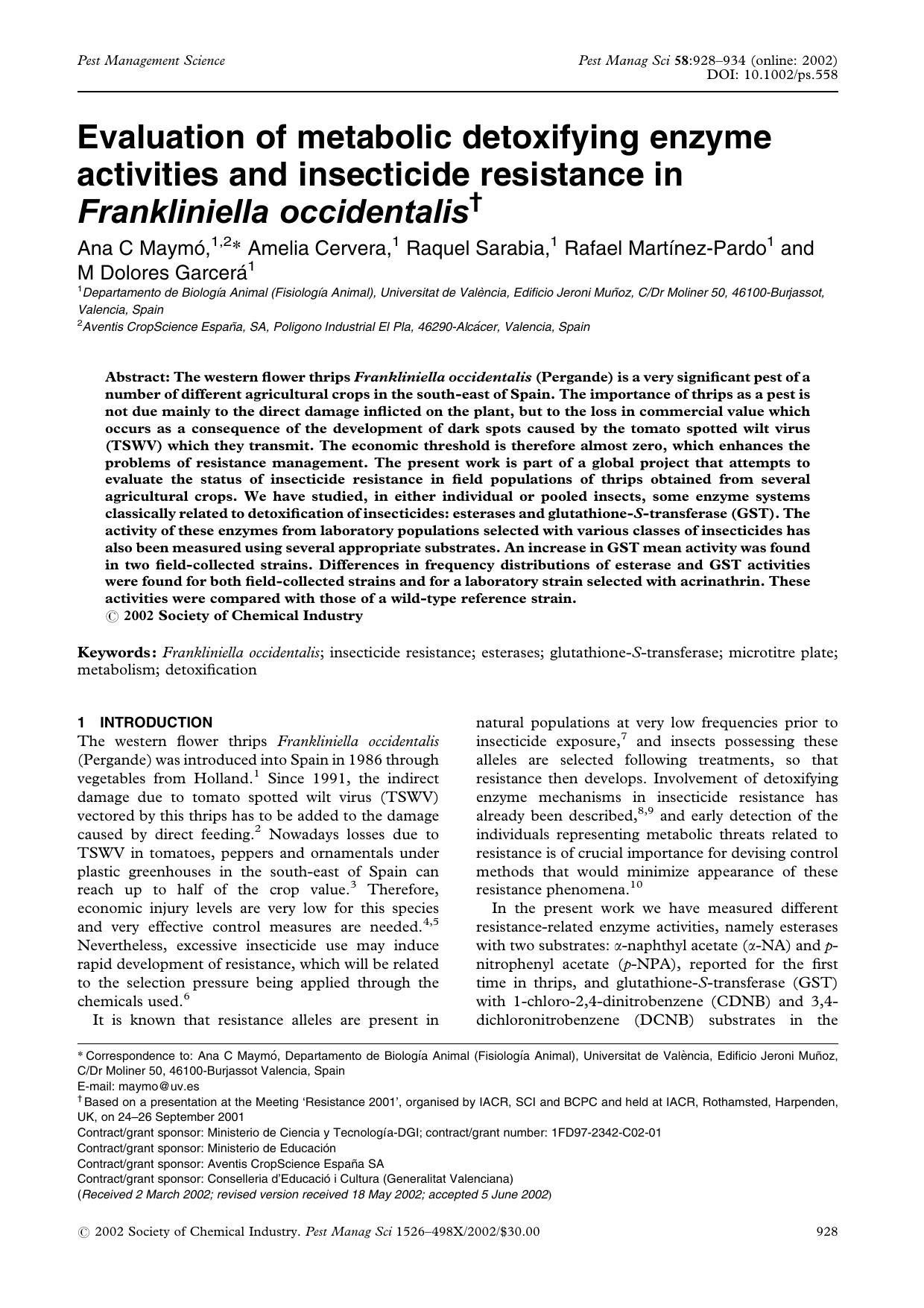 Evaluation of metabolic detoxifying enzyme activities and insecticide resistance in Frankliniella occidentalis by Unknown