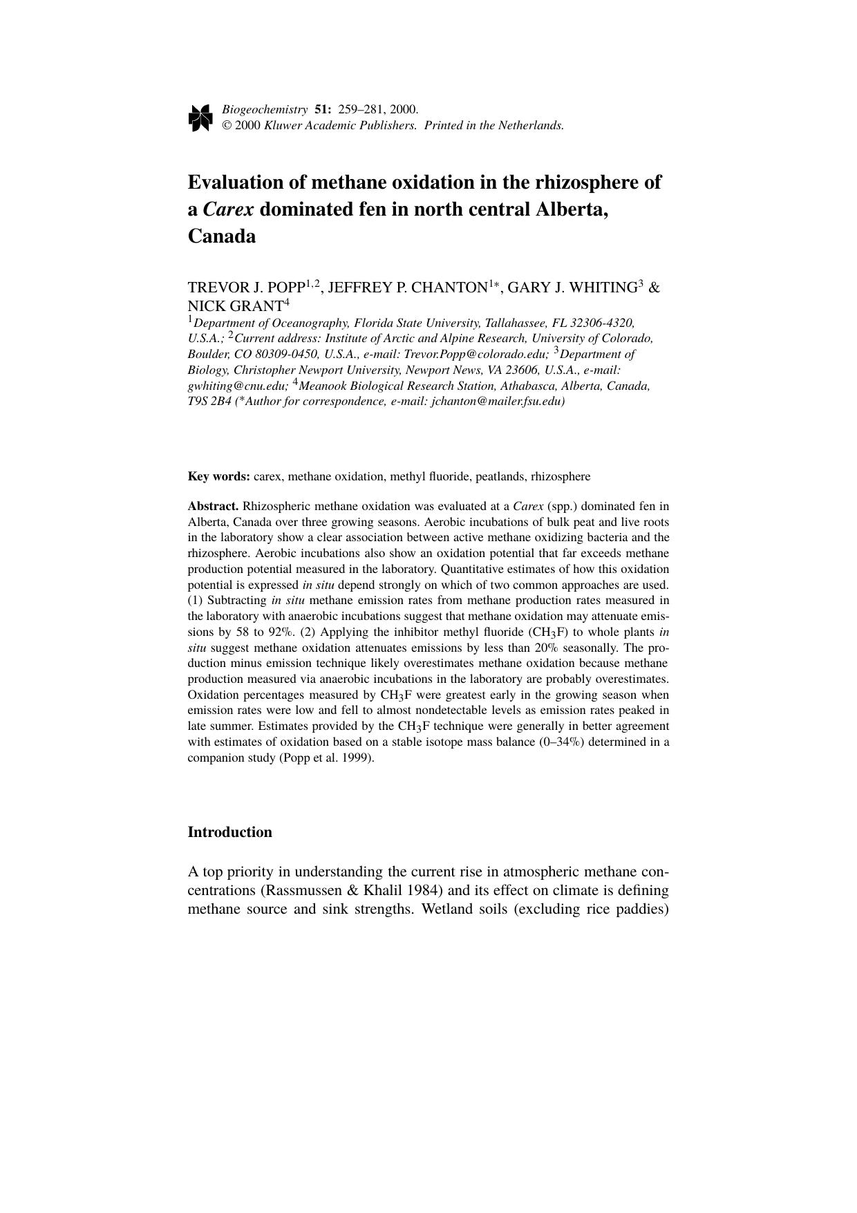 Evaluation of methane oxidation in therhizosphere of a Carex dominated fen in northcentral Alberta, Canada by Unknown