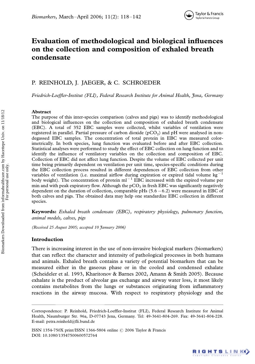 Evaluation of methodological and biological influences on the collection and composition of exhaled breath condensate by P. Reinhold J. Jaeger & C. Schroeder
