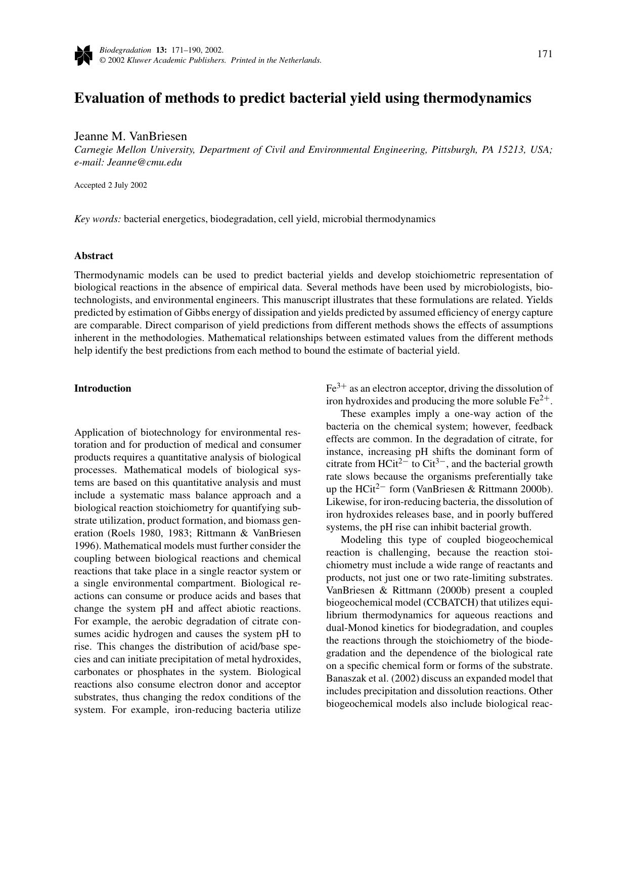 Evaluation of methods to predict bacterialyield using thermodynamics by Unknown