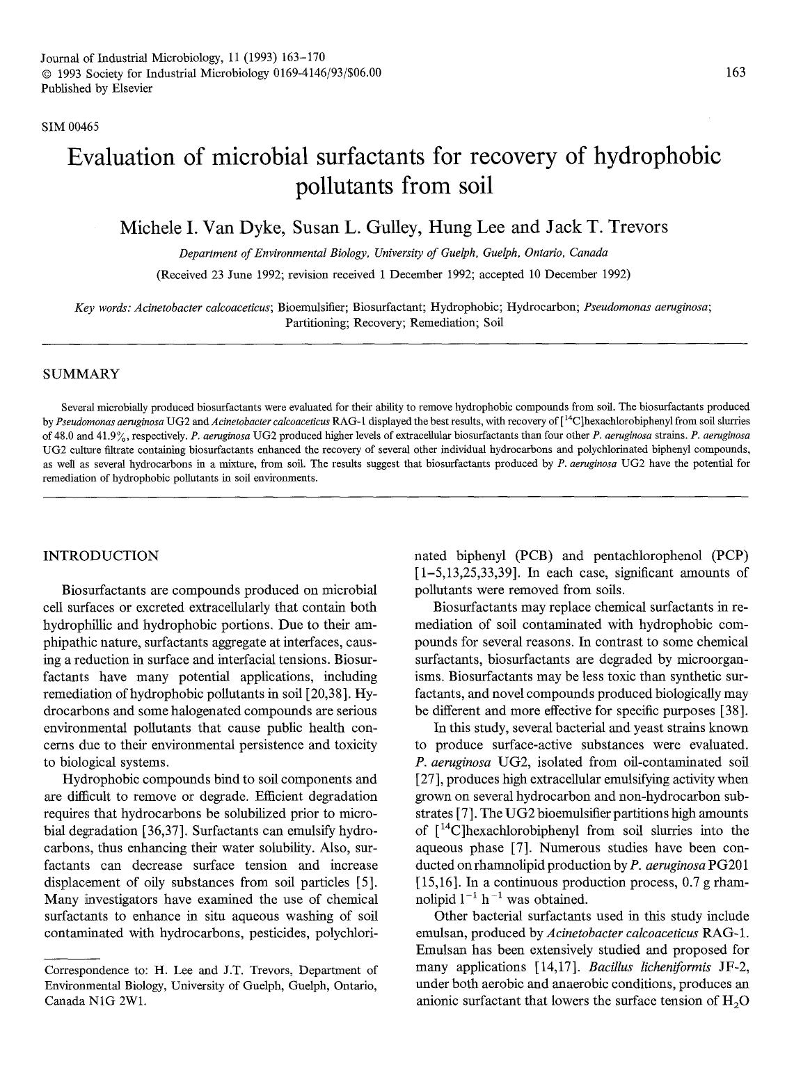 Evaluation of microbial surfactants for recovery of hydrophobic pollutants from soil by Unknown