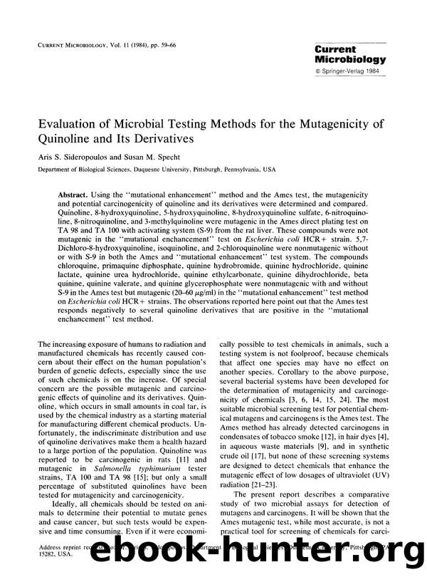 Evaluation of microbial testing methods for the mutagenicity of quinoline and its derivatives by Unknown