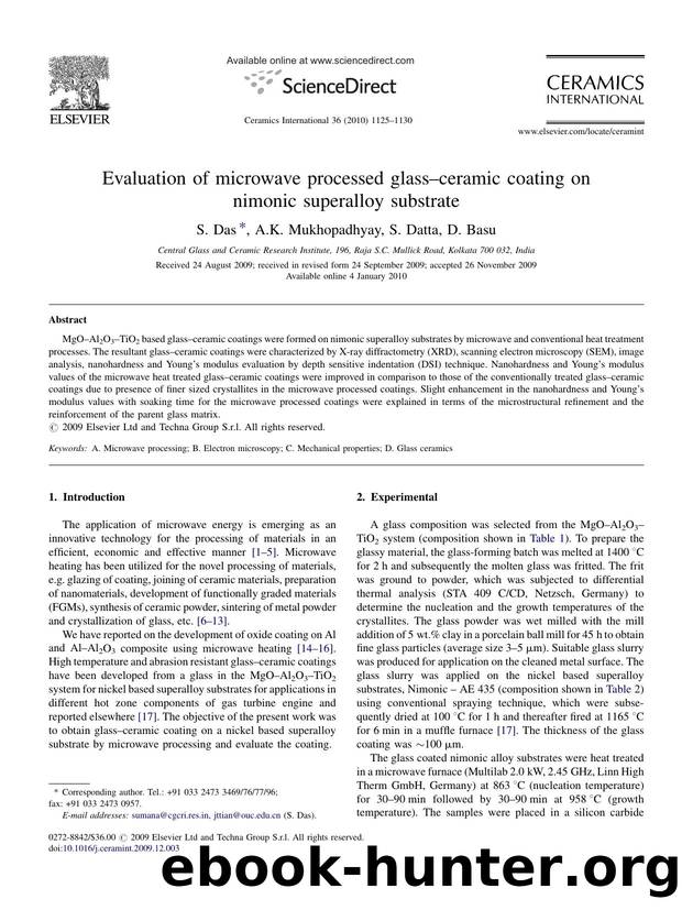 Evaluation of microwave processed glassÃ¢â¬âceramic coating on nimonic superalloy substrate by S. Das; A.K. Mukhopadhyay; S. Datta; D. Basu