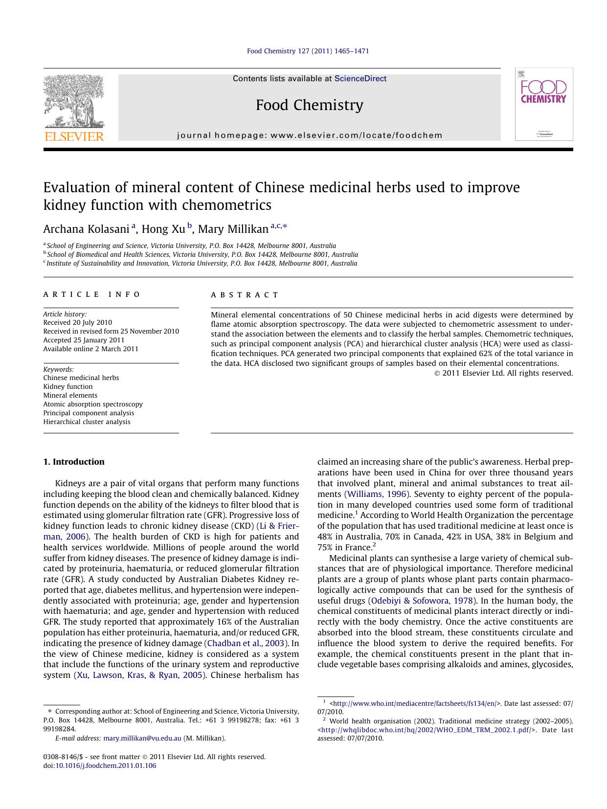 Evaluation of mineral content of Chinese medicinal herbs used to improve kidney function with chemometrics by Archana Kolasani & Hong Xu & Mary Millikan