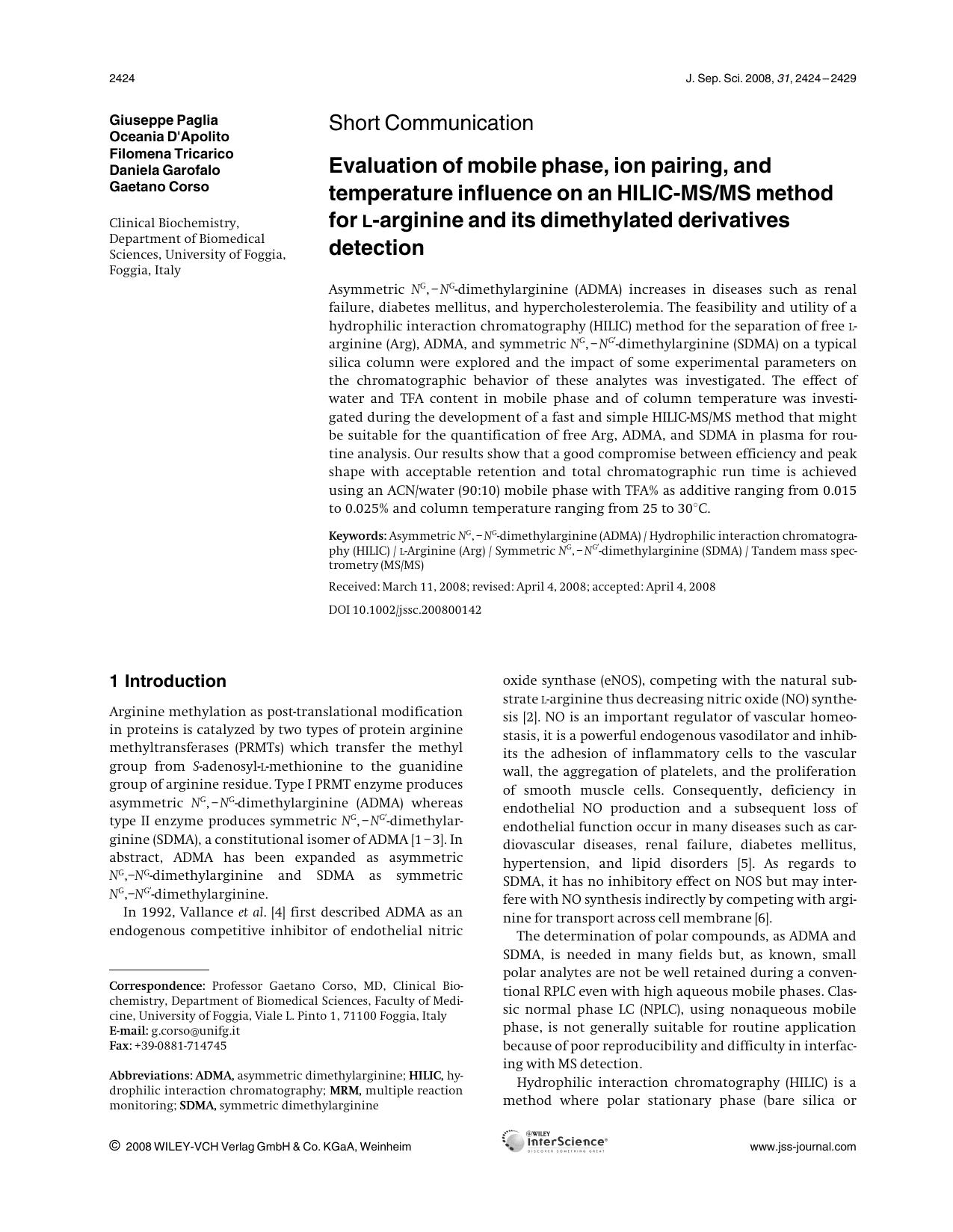 Evaluation of mobile phase, ion pairing, and temperature influence on an HILIC-MSMS method for L-arginine and its dimethylated derivatives detection by Unknown