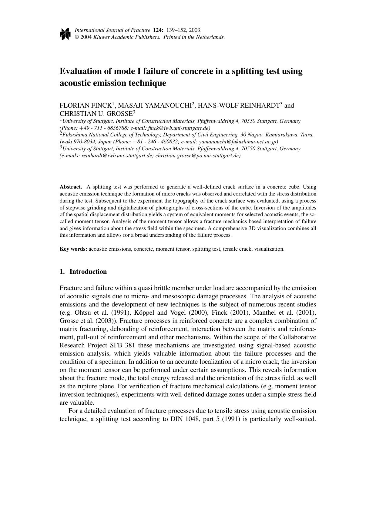 Evaluation of mode I failure of concrete in a splitting test using acoustic emission technique by Unknown