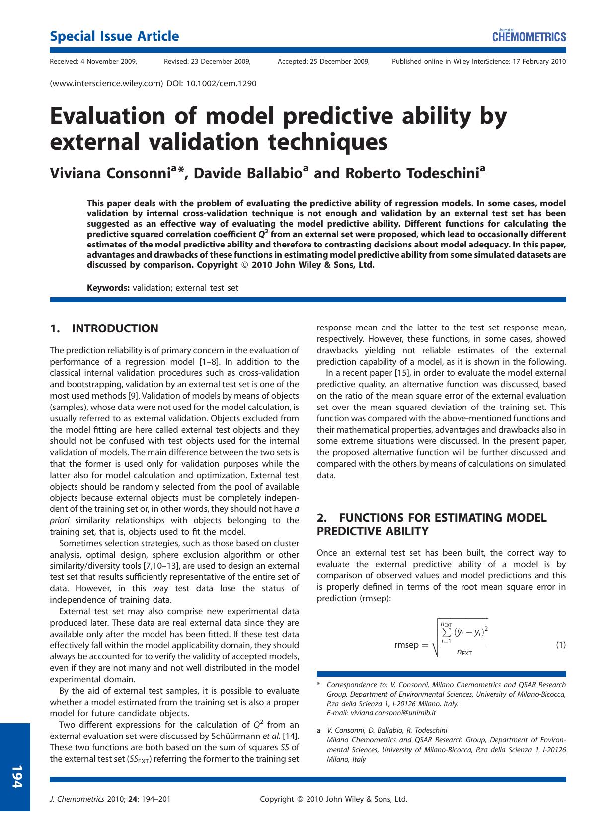 Evaluation of model predictive ability by external validation techniques by Unknown