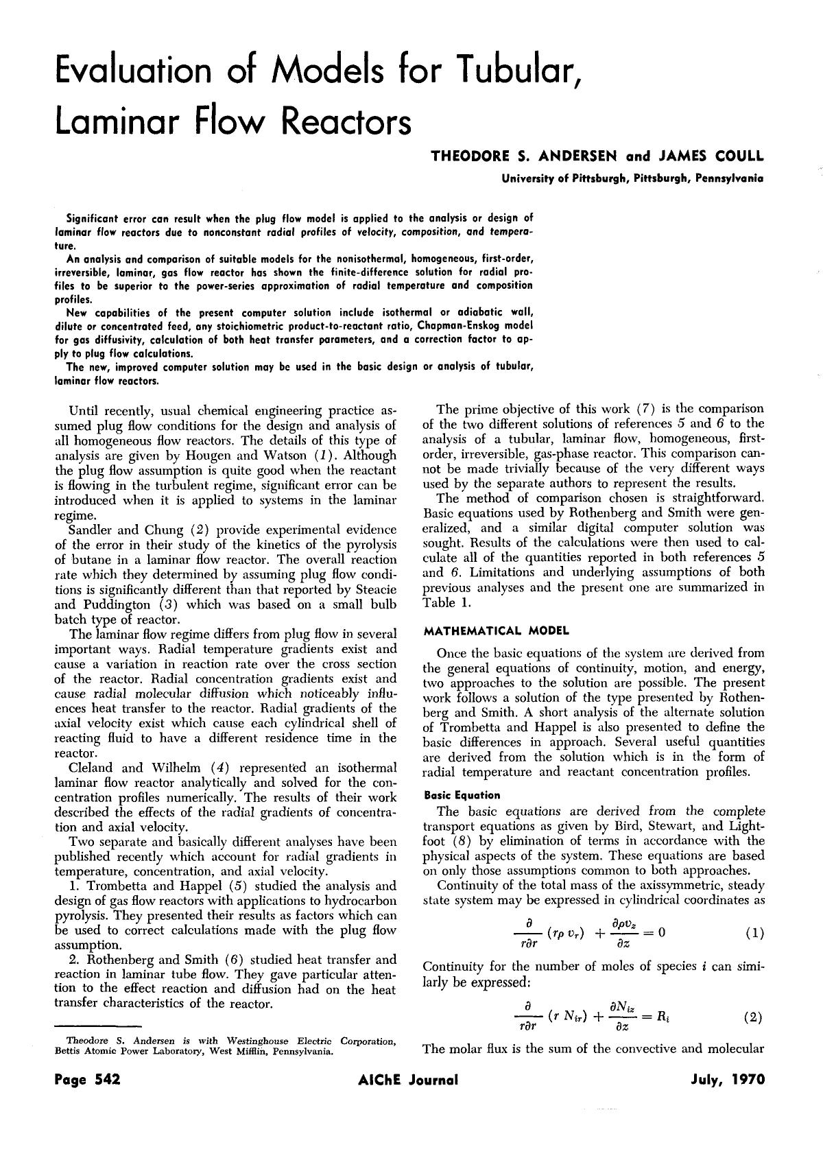 Evaluation of models for tubular, laminar flow reactors by Unknown