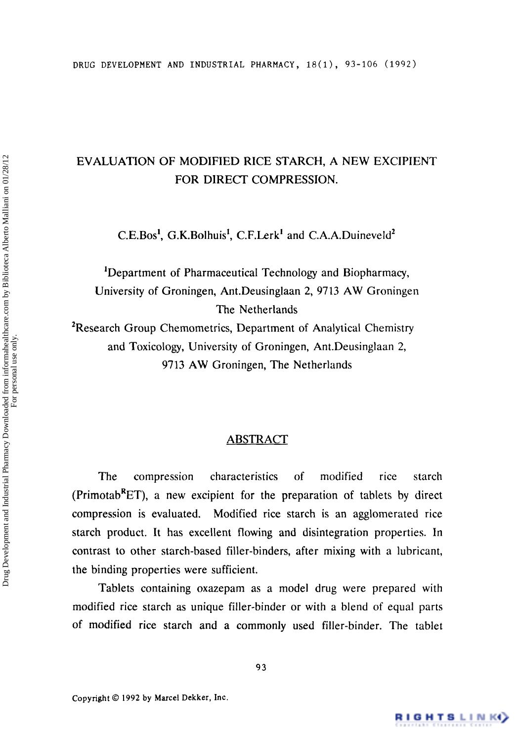 Evaluation of modified rice starch, a new excipient for direct compression. by C. E. Bos G. K. Bolhuis C. F. Lerk & C. A.A. Duineveld