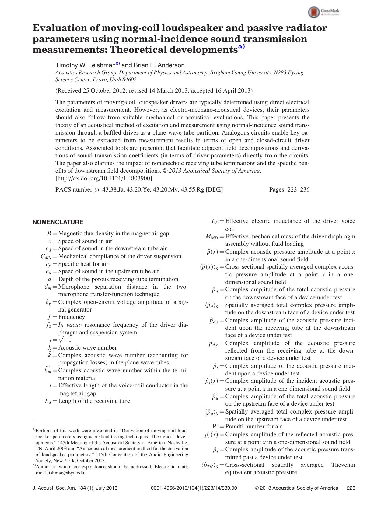 Evaluation of moving-coil loudspeaker and passive radiator parameters using normal-incidence sound transmission measurements: Theoretical developmentsa) by Timothy W. Leishmanb) and Brian E. Anderson