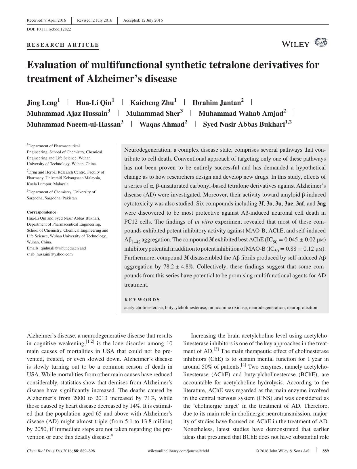 Evaluation of multifunctional synthetic tetralone derivatives for treatment of Alzheimer's disease by Unknown